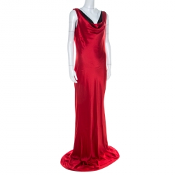 Pre Owned Alexander McQueen Red Silk Cowl Neck Scoop Back Long Dress L