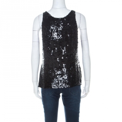 Pre Owned Alexander McQueen Black Sequinned & Beaded Skull Pattern Sleeveless Top S