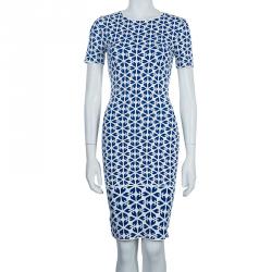 Pre Owned Alexander McQueen Blue Embossed Floral Jacquard Pattern Knit Dress XXS