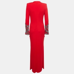 Pre Owned Alexander McQueen Red Jersey Embellished Long Sleeve V-Neck Gown L