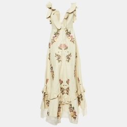 Pre Owned Alexander McQueen Beige Embroidered Lambskin Leather Maxi Dress S