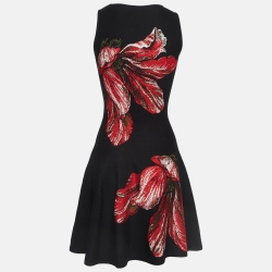 Pre Owned Alexander McQueen Black/Red Floral Intarsia Knit Fit & Flare Mini Dress XS
