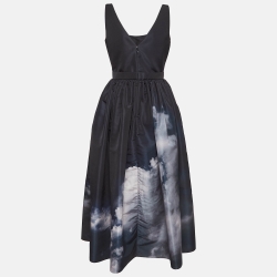 Alexander McQueen Black Strom Print Synthetic Midi Dress S