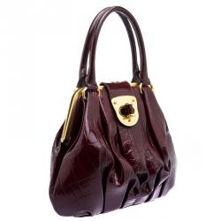 Pre Owned Alexander Mcqueen Bordeaux Croc Embossed Patent Leather Elvie Satchel
