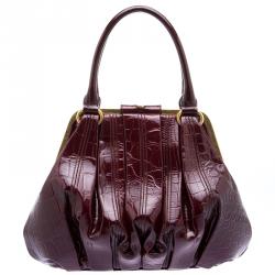 Pre Owned Alexander Mcqueen Bordeaux Croc Embossed Patent Leather Elvie Satchel
