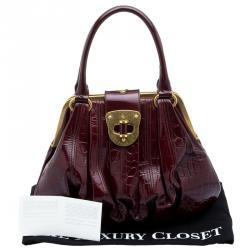 Pre Owned Alexander Mcqueen Bordeaux Croc Embossed Patent Leather Elvie Satchel