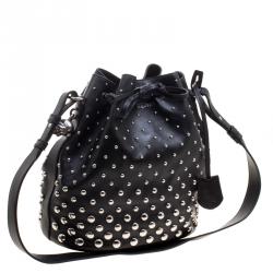 Pre Owned Alexander McQueen Black Leather Studded Padlock Drawstring Bucket Shoulder Bag