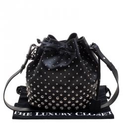 Pre Owned Alexander McQueen Black Leather Studded Padlock Drawstring Bucket Shoulder Bag