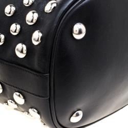 Pre Owned Alexander McQueen Black Leather Studded Padlock Drawstring Bucket Shoulder Bag