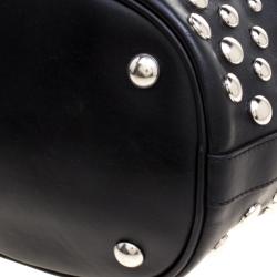 Pre Owned Alexander McQueen Black Leather Studded Padlock Drawstring Bucket Shoulder Bag