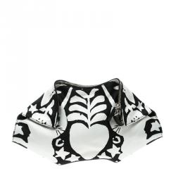 Pre Owned Alexander McQueen White/Black Printed Satin Medium De Manta Clutch