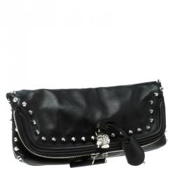 Pre Owned Alexander McQueen Black Leather Studded Skull Padlock Fold Over Clutch