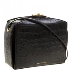Pre Owned Alexander McQueen Black Croc Embossed Leather Box Shoulder Bag