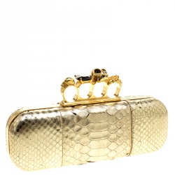Pre Owned Alexander McQueen Gold Python Skull Knuckle Box Clutch