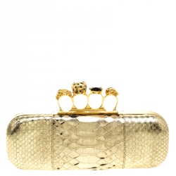 Pre Owned Alexander McQueen Gold Python Skull Knuckle Box Clutch