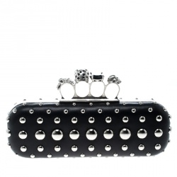 Alexander McQueen Black Leather Studded Skull Knuckle Box Clutch