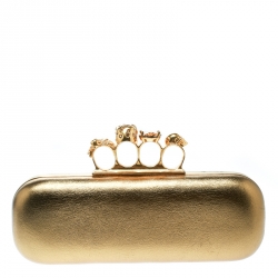 Alexander McQueen Gold Leather Skull Knuckle Box Clutch
