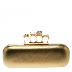 Alexander McQueen Gold Leather Skull Knuckle Box Clutch