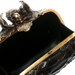 Pre Owned Alexander McQueen Dark Brown Python Flower Skull Box Clutch