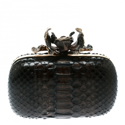 Pre Owned Alexander McQueen Dark Brown Python Flower Skull Box Clutch