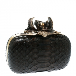 Pre Owned Alexander McQueen Dark Brown Python Flower Skull Box Clutch