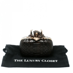 Pre Owned Alexander McQueen Dark Brown Python Flower Skull Box Clutch