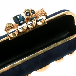 Pre Owned Alexander McQueen Navy Blue Leather Skull Knuckle Box Clutch