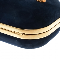 Pre Owned Alexander McQueen Navy Blue Leather Skull Knuckle Box Clutch