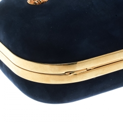 Pre Owned Alexander McQueen Navy Blue Leather Skull Knuckle Box Clutch