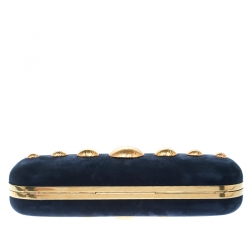 Pre Owned Alexander McQueen Navy Blue Leather Skull Knuckle Box Clutch