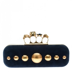 Pre Owned Alexander McQueen Navy Blue Leather Skull Knuckle Box Clutch