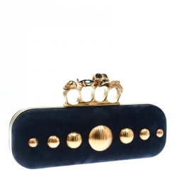 Pre Owned Alexander McQueen Navy Blue Leather Skull Knuckle Box Clutch