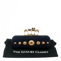 Pre Owned Alexander McQueen Navy Blue Leather Skull Knuckle Box Clutch