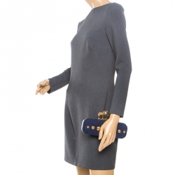 Pre Owned Alexander McQueen Navy Blue Leather Skull Knuckle Box Clutch