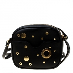 Pre Owned Alexander McQueen Black Leather Eyelet and Stud Camera Crossbody Bag