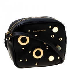 Pre Owned Alexander McQueen Black Leather Eyelet and Stud Camera Crossbody Bag