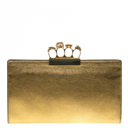 Pre Owned Alexander McQueen Gold Leather Skull Knuckle Flat Clutch