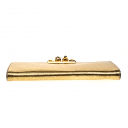 Pre Owned Alexander McQueen Gold Leather Skull Knuckle Flat Clutch