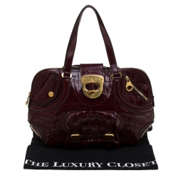 Pre Owned Alexander McQueen Burgundy Croc Embossed Patent Leather Flapper Satchel