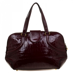 Pre Owned Alexander McQueen Burgundy Croc Embossed Patent Leather Flapper Satchel