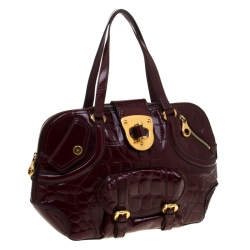 Pre Owned Alexander McQueen Burgundy Croc Embossed Patent Leather Flapper Satchel