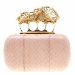 Pre Owned Alexander McQueen Peach Python Crystal Skull Clutch
