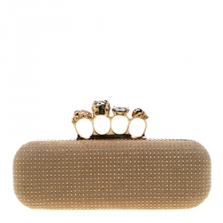 Pre Owned Alexander McQueen Beige Nubuck Leather Studded Skull Knuckle Clutch