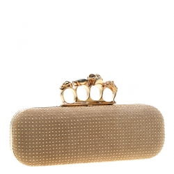 Pre Owned Alexander McQueen Beige Nubuck Leather Studded Skull Knuckle Clutch