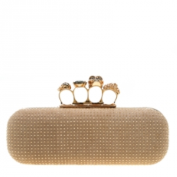 Pre Owned Alexander McQueen Beige Nubuck Leather Studded Skull Knuckle Clutch