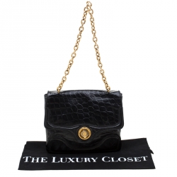 Pre Owned Alexander McQueen Black Croc Embossed Leather Flap Chain Shoulder Bag