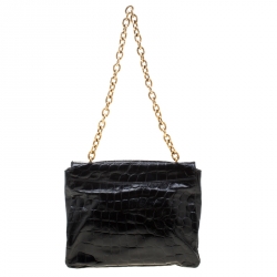 Pre Owned Alexander McQueen Black Croc Embossed Leather Flap Chain Shoulder Bag