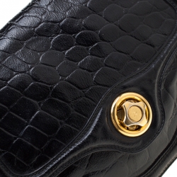 Pre Owned Alexander McQueen Black Croc Embossed Leather Flap Chain Shoulder Bag