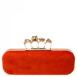 Alexander McQueen Orange Calfhair Skull Knuckle Box Clutch