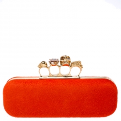 Alexander McQueen Orange Calfhair Skull Knuckle Box Clutch